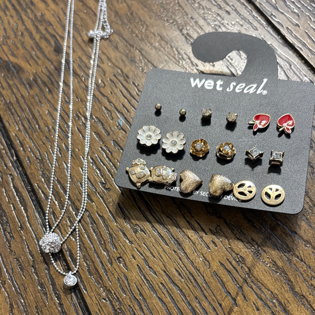 Wet Seal Women's Gold And Silver Stud Earring Set With Silver Necklace